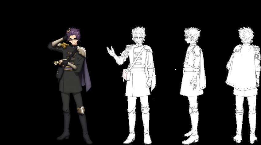 1boy, arm_strap, armor, black_footwear, black_gloves, boots, capelet, reference_sheet