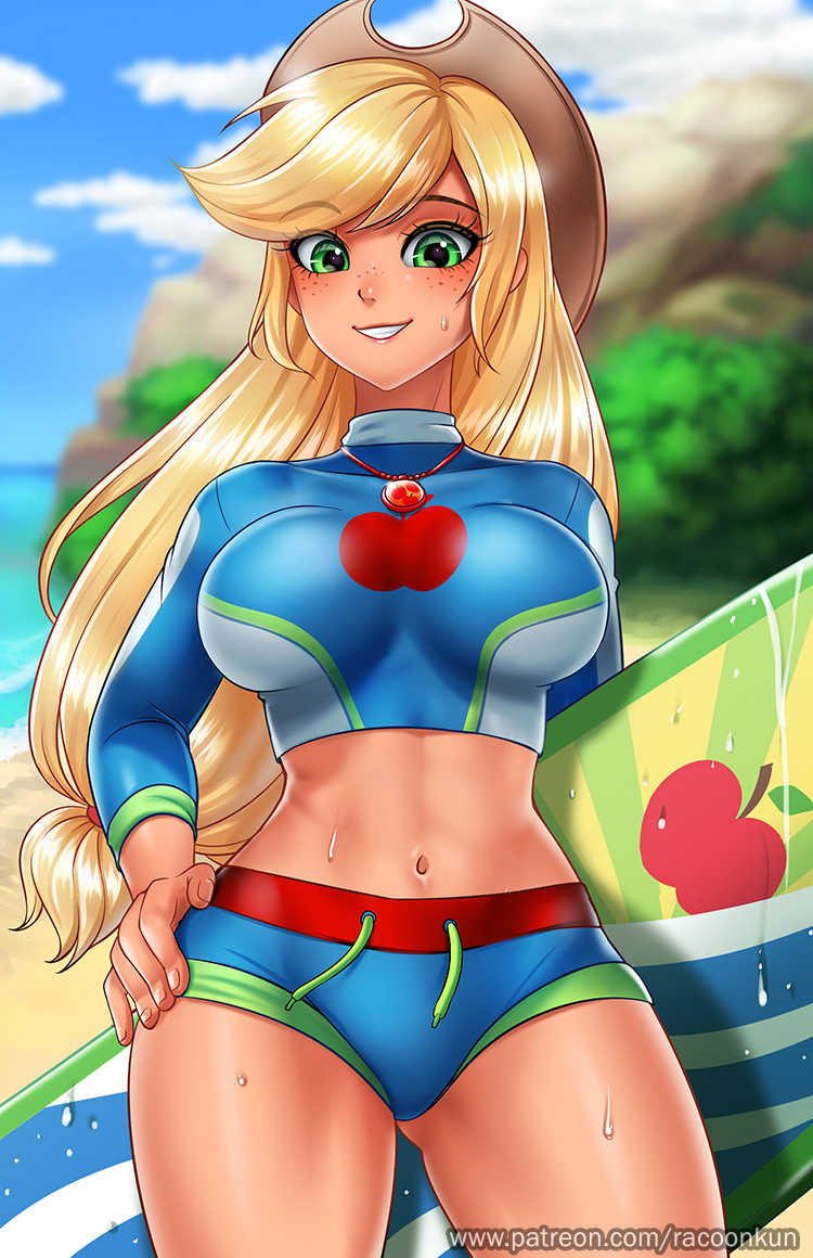 1girl, apple_print, applejack, applejack_(equestria_girls), beach, bikini, bikini_bottom_only, blonde_hair