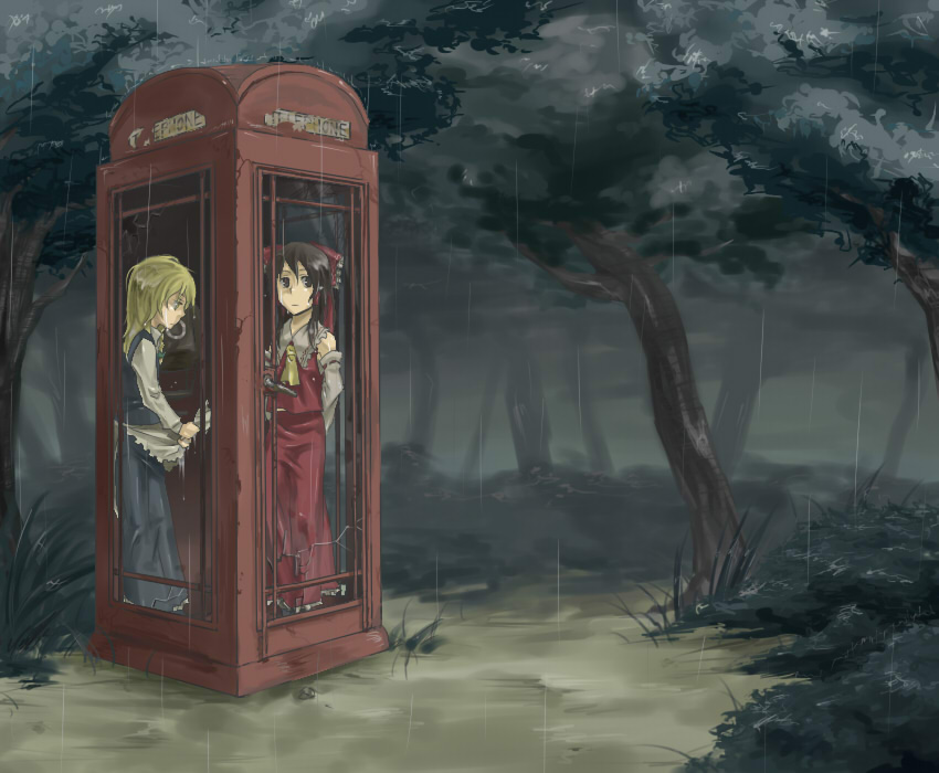 2girls, apron, blonde_hair, braid, brown_eyes, brown_hair, detached_sleeves, female_focus, forest, hakurei_reimu, kirisame_marisa, kuroda_(artist), kuroda_(nanchara_flight), kuroda_(pixiv260283), long_hair, multiple_girls, nature, missing_headwear, no_headwear, phone_booth, rain, side_braid, touhou, tree, waist_apron, wet, wet_clothes, wringing_clothes, yellow_eyes