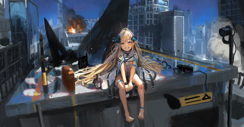 1girl, anklet, belt, blonde_hair, blue_sky, building, cityscape, cropped_jacket