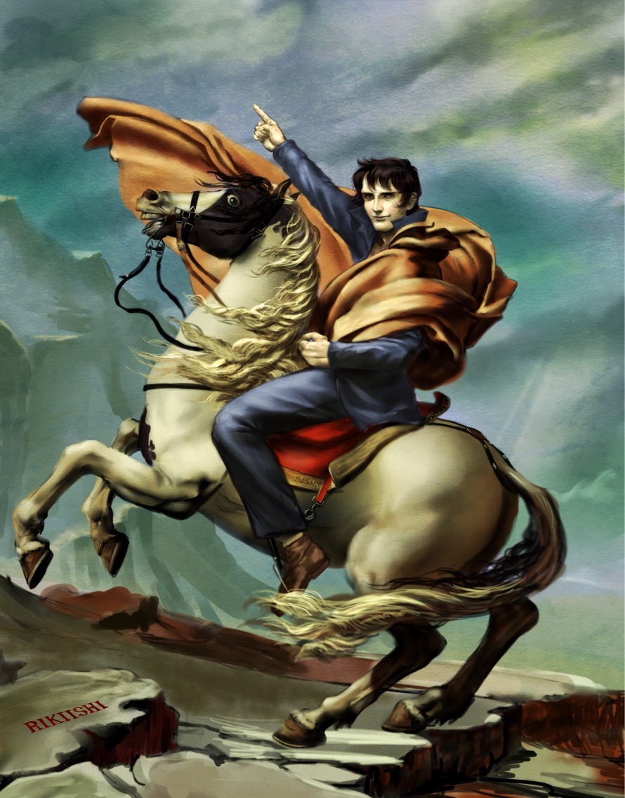 1boy, ankle_boots, arm_up, ashita_no_joe, black_hair, blue_pants, blue_shirt, boots, bridle, brown_boots, cape, character_name, cloud, cloudy_sky, day, fine_art_parody, holding, holding_reins, horse, horseback_riding, index_finger_raised, light_rays, light_smile, looking_at_viewer, male_focus, mountain, napoleon_crossing_the_alps, nucca_dzuke, outdoors, pants, parody, pointing, reins, riding, rikiishi_tooru, saddle, shirt, sky, solo, stirrups_(riding), sunbeam, sunlight, wind