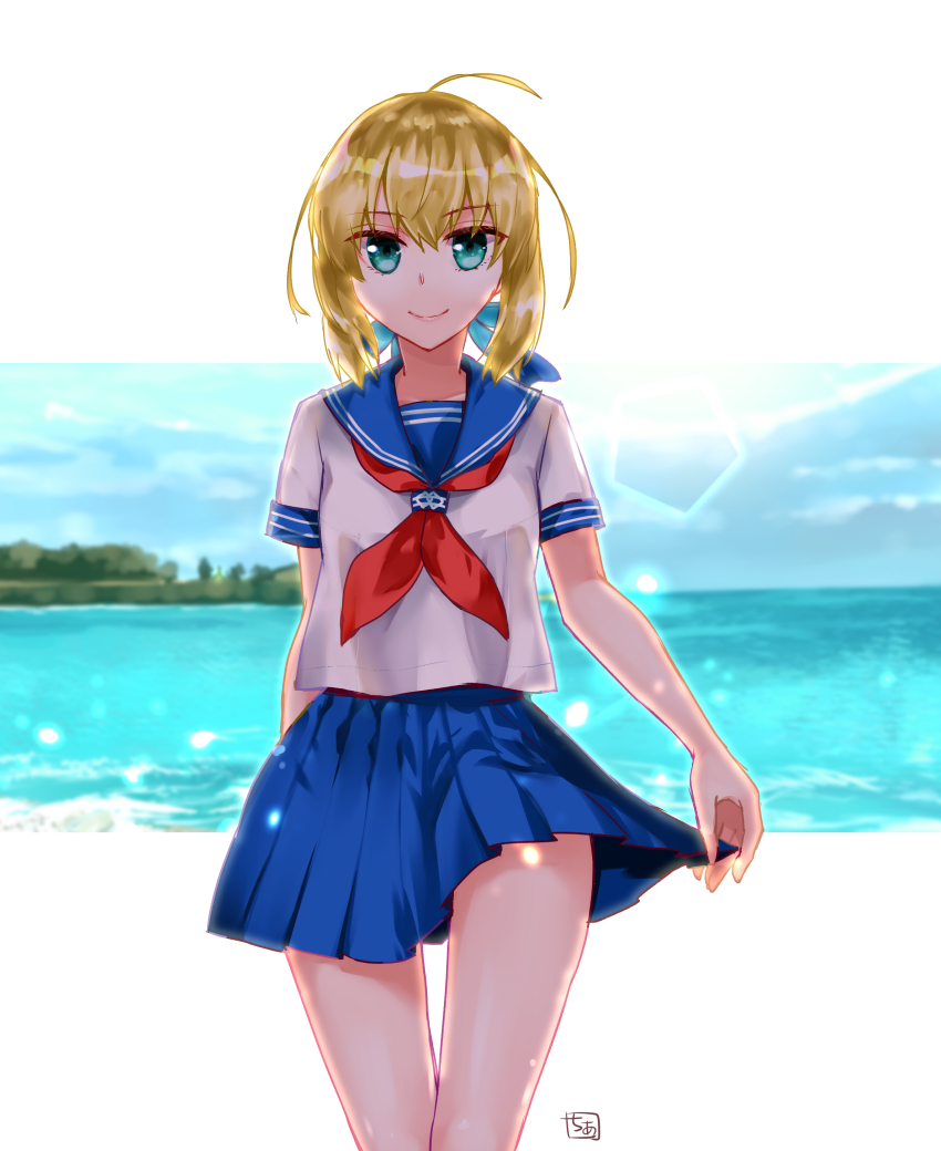 1girl, absurdres, ahoge, aqua_eyes, artoria_pendragon_(fate), beach, blonde_hair, blue_ribbon, blue_sailor_collar, blue_skirt, chia_aich, day, fate/stay_night, fate_(series), female_focus, hair_ribbon, highres, looking_at_viewer, miniskirt, neckerchief, outdoors, pleated_skirt, red_neckerchief, ribbon, saber_(fate), sailor_collar, school_uniform, serafuku, shirt, short_hair, short_sleeves, skirt, smile, solo, standing, white_shirt