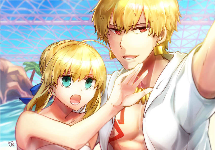 1boy, 1girl, aqua_eyes, artoria_pendragon_(fate), bikini, blonde_hair, blue_ribbon, chia_aich