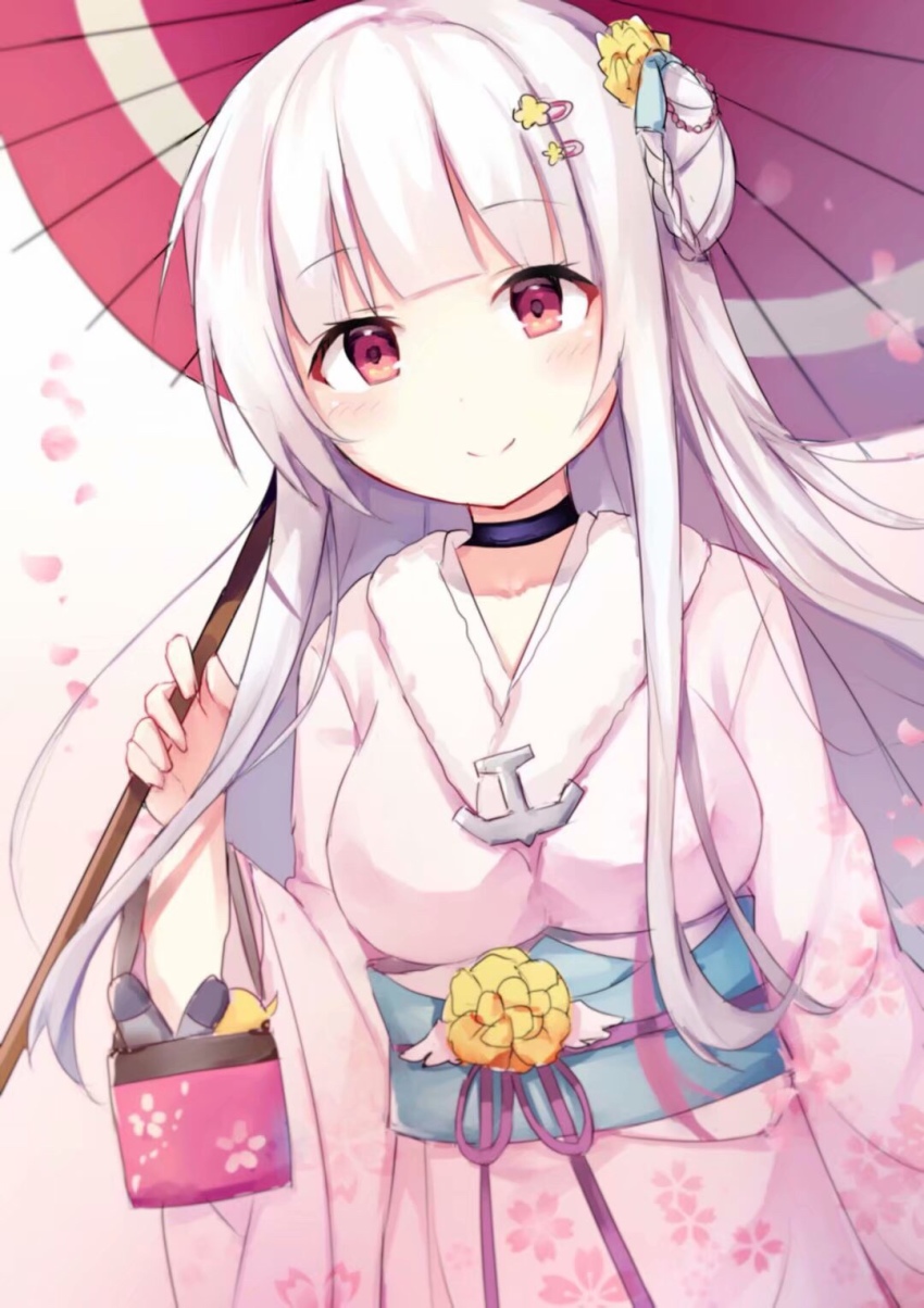 1girl, anchor, azur_lane, baby_animal, bag, bird, breasts, cherry_blossoms, chick, cygnet_(azur_lane), cygnet_(winter_date)_(azur_lane), double_bun, female_focus, feng_mao_mc, hair_bun, handbag, hatsumoude, highres, japanese_clothes, kimono, new_year, oil-paper_umbrella, red_eyes, smile, solo, standing, torpedo, umbrella, white_background, white_hair