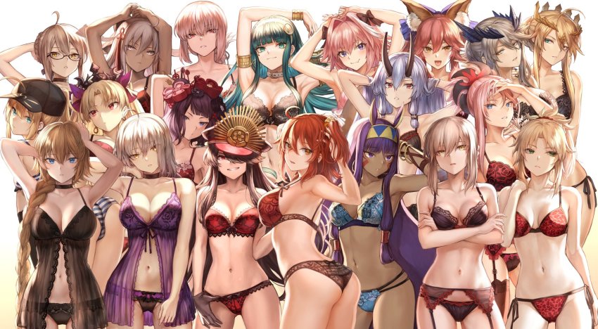 10s, 1boy, 6+girls, ahoge, animal_ears, animal_print, armlet, armpits, arms_behind_head, arms_up, artoria_pendragon_(fate), artoria_pendragon_(lancer)_(fate), artoria_pendragon_(lancer_alter)_(fate), ass, astolfo_(fate), babydoll, bare_shoulders, baseball_cap, black_bow, black_bra, black_hat, black_panties, blonde_hair, blue_bra, blue_eyes, blunt_bangs, blush, bow, bra, bracelet, braid, breasts, choker, cleopatra_(fate), closed_mouth, collarbone, crossdressing, crown, dark-skinned_female, dark_skin, earrings, ereshkigal_(fate), facepaint, fang, fate/apocrypha, fate/extra, fate/grand_order, fate/stay_night, fate_(series), florence_nightingale_(fate), flower, folded_ponytail, fox_ears, french_braid, fujimaru_ritsuka_(female), garter_belt, garter_straps, glasses, gloves, green_eyes, green_hair, grey_eyes, grey_hair, hair_between_eyes, hair_bow, hair_bun, hair_flower, hair_intakes, hair_ornament, hair_scrunchie, hair_tubes, hairband, hairpin, hat, highres, hip_focus, hoop_earrings, horns, jackal_ears, jeanne_d'arc_(fate), jeanne_d'arc_(ruler)_(fate), jeanne_d'arc_alter_(avenger)_(fate), jeanne_d'arc_alter_(fate), jewelry, katsushika_hokusai_(fate), lace, lace-trimmed_bra, lace-trimmed_panties, lace_trim, large_breasts, leopard_print, long_hair, looking_at_viewer, looking_back, low-tied_long_hair, mashutarou_(neko_no_oyashiro), medium_breasts, miyamoto_musashi_(fate), mordred_(fate), mordred_(fate/apocrypha), multicolored_hair, multiple_girls, mysterious_heroine_x_(fate), mysterious_heroine_x_alter_(fate), navel, nitocris_(fate), oda_nobunaga_(fate), oda_nobunaga_(koha-ace), okita_souji_(fate), okita_souji_(koha-ace), okita_souji_alter_(fate), one_side_up, oni_horns, open_mouth, panties, parted_bangs, parted_lips, peaked_cap, pink_bra, pink_hair, ponytail, purple_bra, purple_eyes, purple_hair, purple_panties, red_bow, red_bra, red_eyes, red_panties, rojiura_satsuki:_chapter_heroine_sanctuary, saber_alter, scrunchie, sidelocks, single_braid, single_hair_bun, small_breasts, smile, streaked_hair, striped_bra, striped_clothes, striped_panties, swept_bangs, tamamo_no_mae_(fate), tassel, thighs, tiara, tomoe_gozen_(fate), trap, underwear, underwear_only, very_long_hair, yellow_eyes