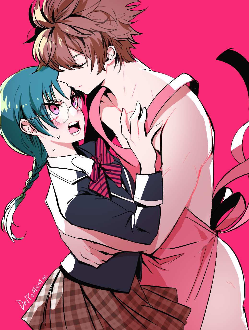 10s, 1boy, 1girl, apron, bad_id, bad_pixiv_id, blush, bow