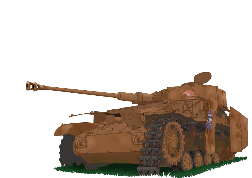 10s, absurdres, anglerfish, caterpillar_tracks, chibi_kuro, emblem, fish, girls_und_panzer, grass, highres, military, military_vehicle, motor_vehicle, no_humans, ooarai_(emblem), panzer_iv, tank, vehicle_focus, white_background