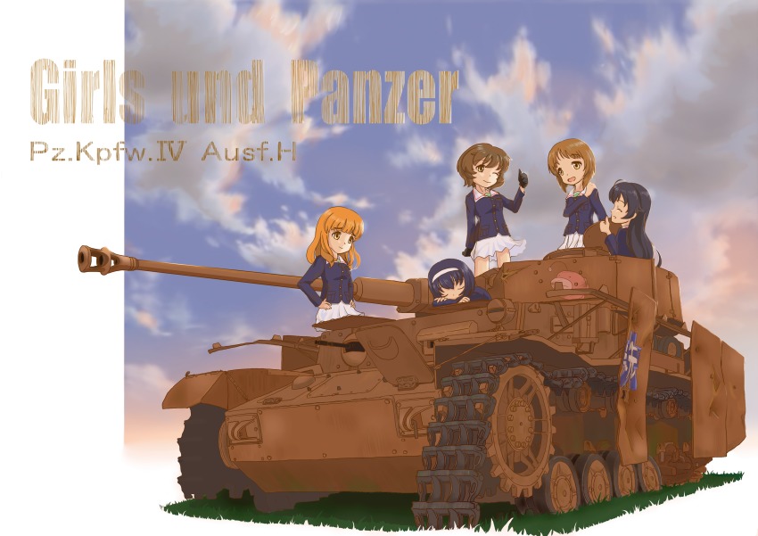 10s, 5girls, absurdres, akiyama_yukari, anglerfish, brown_eyes, brown_hair, caterpillar_tracks, chibi_kuro, cloud, emblem, evening, fish, girls_und_panzer, grass, hairband, highres, isuzu_hana, long_hair, military, military_vehicle, motor_vehicle, multiple_girls, nishizumi_miho, one_eye_closed, ooarai_(emblem), ooarai_military_uniform, open_mouth, orange_eyes, orange_hair, panzer_iv, reizei_mako, shirt, skirt, sky, smile, takebe_saori, tank, thumbs_up