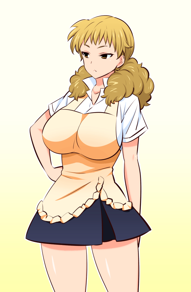 1girl, apron, blonde_hair, blue_skirt, breasts, collared_shirt, cowboy_shot, dress_shirt, gabao_(mattari_2019), gradient_background, hand_on_own_hip, kondou_kisaki, large_breasts, long_hair, looking_to_the_side, miniskirt, popped_collar, school_uniform, shirt, short_sleeves, skirt, white_shirt, working!!, working!!_(web_manga), yellow_apron, yellow_eyes