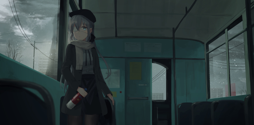 1girl, bare_tree, beret, black_bow, black_hat, black_skirt, blue_eyes, blurry