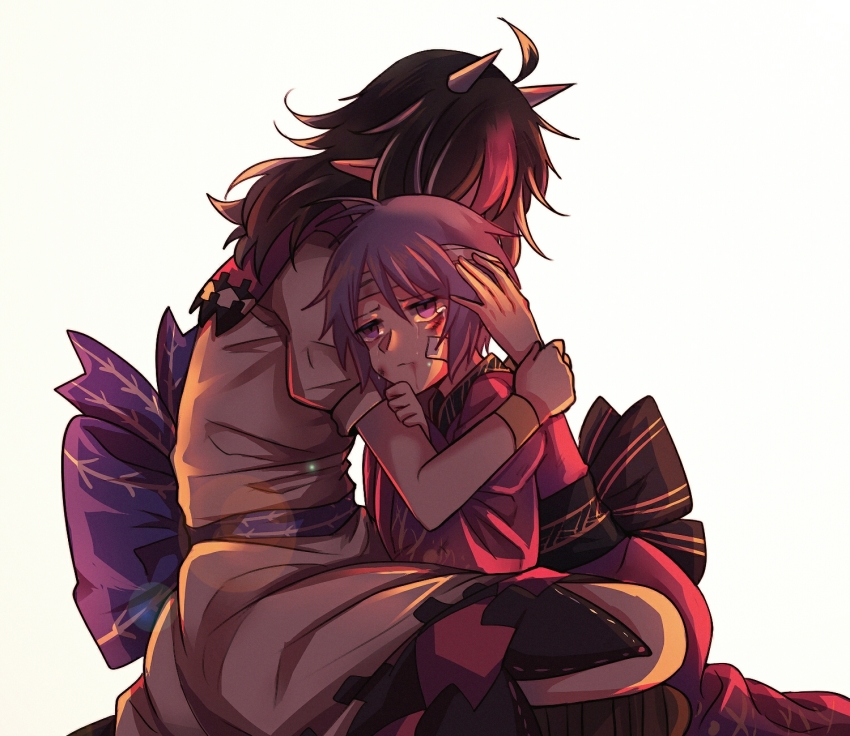 2girls, ahoge, bandage_on_face, bandages, black_hair, blood, blood_from_mouth, blood_on_face