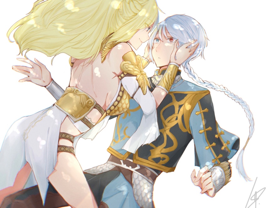 1boy, 1girl, athena_(musou_orochi), bare_shoulders, blonde_hair, blue_hair, breasts, detached_sleeves