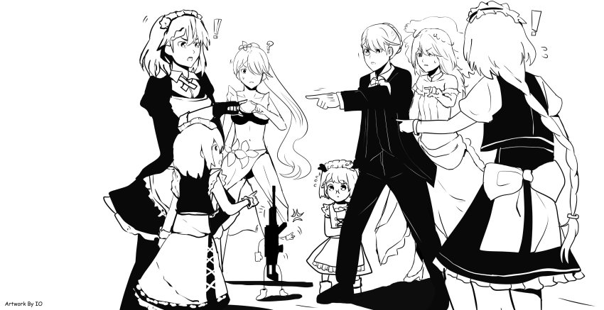 6+girls, absurdres, aged_down, antlers, apron, artist_request, assault_rifle, bikini