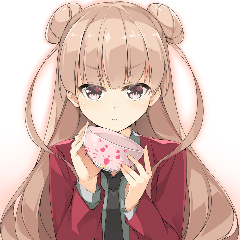 10s, 1girl, amabuki_maria, black_necktie, blazer, bowl, brown_hair, closed_mouth, collared_shirt, double_bun, female_focus, grey_shirt, hair_bun, holding, holding_bowl, jacket, long_hair, long_sleeves, looking_at_viewer, necktie, open_clothes, open_jacket, red_eyes, red_jacket, sasakura, shirt, side_bun, solo, two_side_up, v-shaped_eyebrows, very_long_hair, wavy_mouth, zombie_land_saga