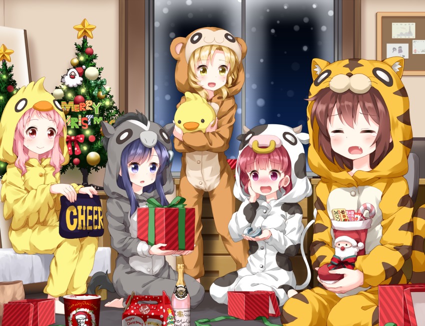 10s, 5girls, :d, anima_yell!, animal_costume, animal_print, arima_hizume, blonde_hair