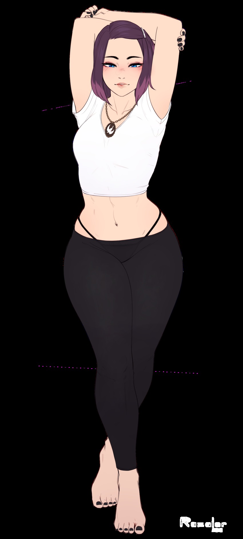 1girl, 2018, absurdres, arms_up, artist_name, barefoot, black_leggings, black_nails