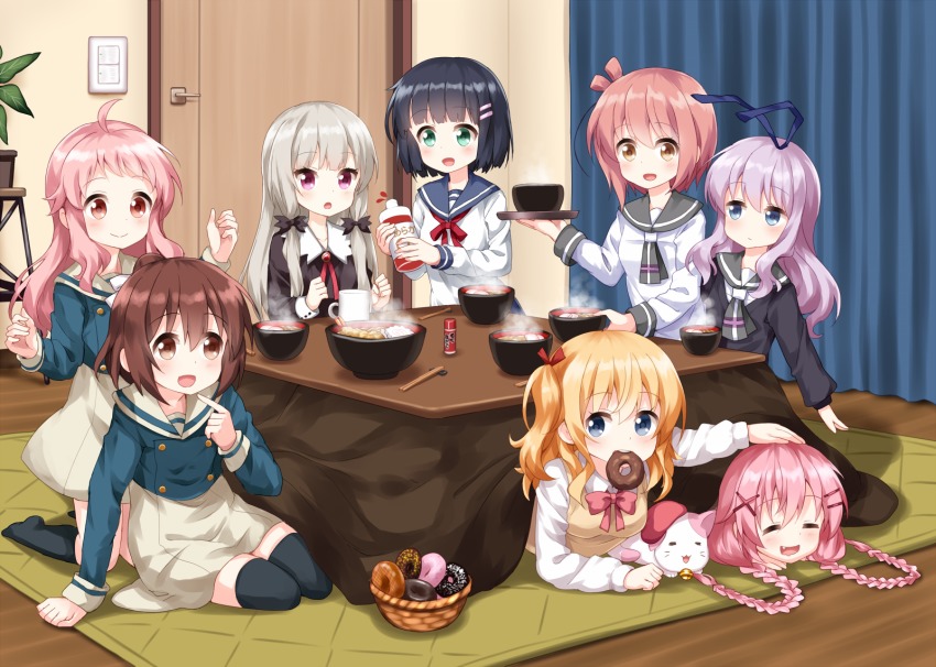 10s, 6+girls, :d, ^_^, ahoge, amano_akari, anima_yell!, black_hair