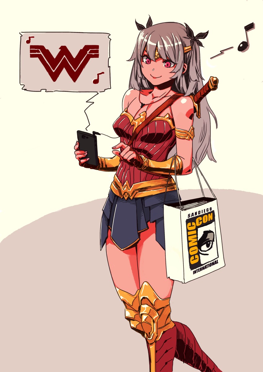 1girl, absurdres, archvermin, armlet, bag, boots, bow, bracer, breasts, cellphone, closed_mouth, collarbone, comic_con, cosplay, earphones, female_focus, grey_hair, hair_bow, hair_ornament, happy, highres, holding, holding_phone, jewelry, long_hair, medium_breasts, musical_note, phone, qualidea_code, red_eyes, shopping_bag, skirt, smartphone, smile, solo, spoken_musical_note, strapless, sword, sword_on_back, tenkawa_maihime, thigh_boots, thighhighs, thighs, tiara, walking, weapon, weapon_on_back, white_background, wonder_woman, wonder_woman_(cosplay)