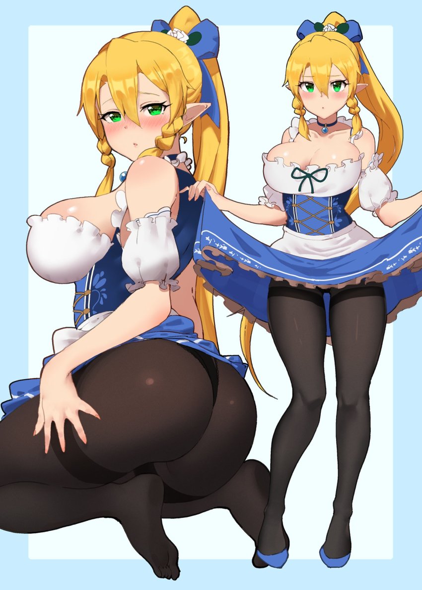 1girl, bad_id, bad_twitter_id, bare_shoulders, blonde_hair, blue_background, blue_dress, blue_footwear