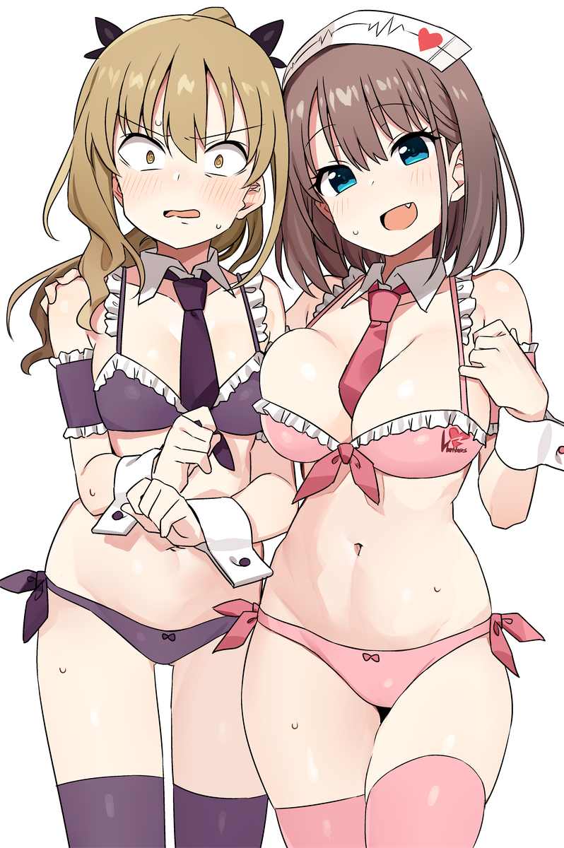 2girls, :d, @_@, armband, asymmetrical_docking, bare_shoulders, black_ribbon, blonde_hair