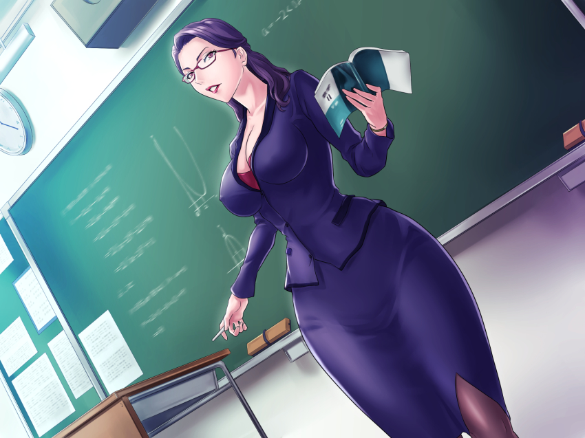 1girl, black_pantyhose, board_eraser, book, breasts, chalk, chalkboard, classroom