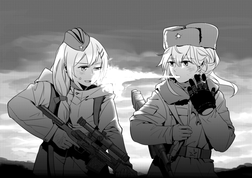2girls, ak-47, ak-47_(girls'_frontline), anger_vein, assault_rifle, belt, blowing_smoke, buttoned_cuffs
