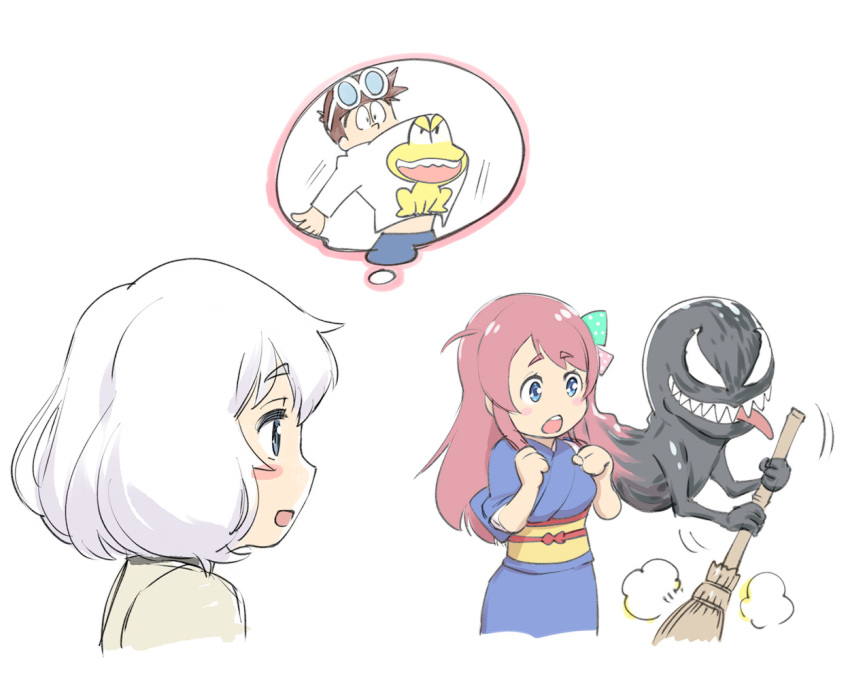 10s, 1boy, 2girls, blue_eyes, blue_kimono, bow, broom, commentary_request