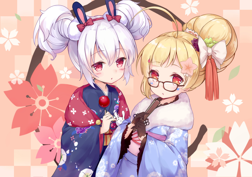2girls, absurdres, ahoge, alternate_hairstyle, animal_ears, azur_lane, blonde_hair, breasts