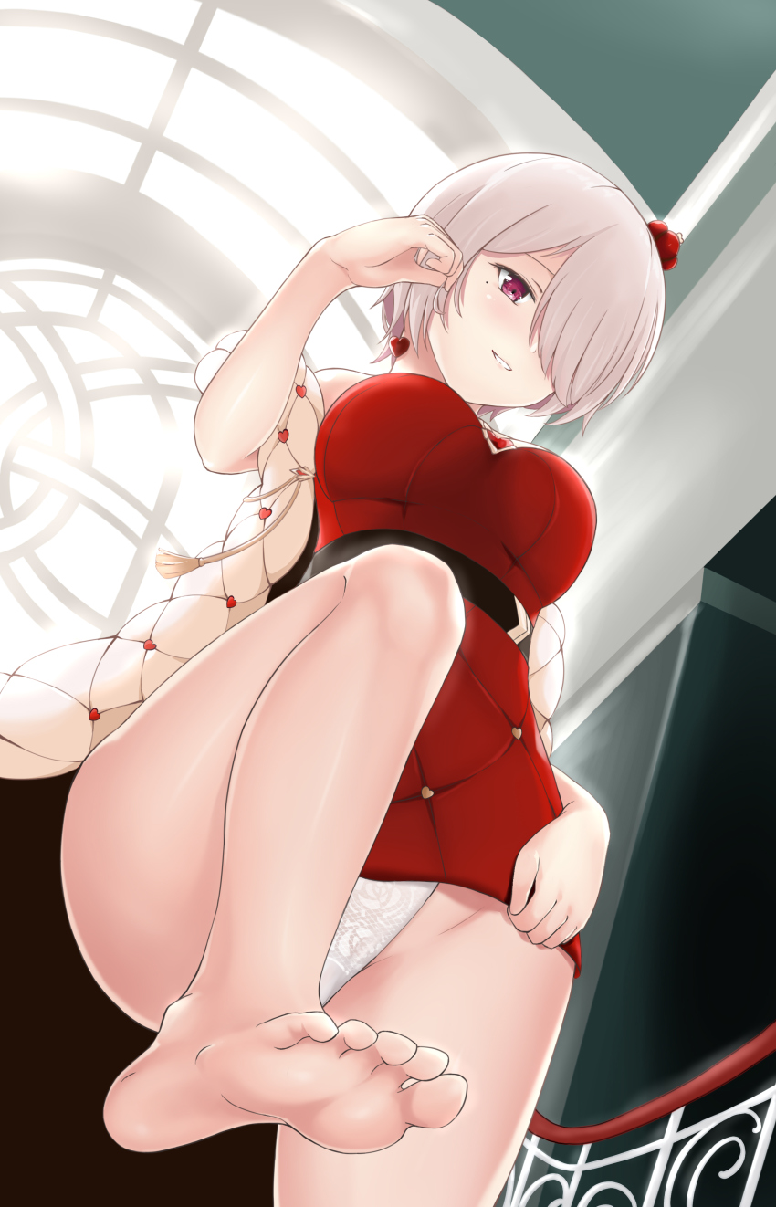 1girl, absurdres, adjusting_hair, barefoot, clothes_lift, dress, dress_lift, feet, female_focus, from_below, hair_over_one_eye, highres, honkai_(series), honkai_impact_3rd, indoors, looking_at_viewer, mole, mole_under_eye, panties, pantyshot, parted_lips, pink_eyes, pov, rita_rossweisse, rita_rossweisse_(dame_de_coeur), rita_rossweisse_(umbral_rose), smile, soles, solo, standing, toes, underwear, upskirt