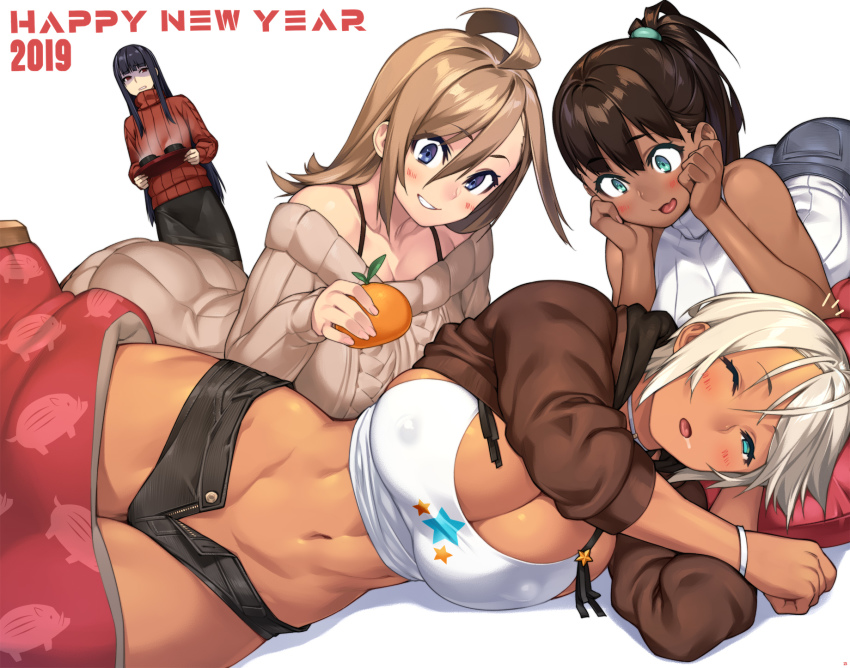 2019, 23_(real_xxiii), 4girls, abs, ahoge, aran_sweater, ass, bare_shoulders, black_hair, blonde_hair, blue_eyes, blush, bra_strap, bracelet, breasts, brown-haired_girl_(23), brown_hair, cable_knit, chinese_zodiac, cleavage, commentary_request, covered_erect_nipples, crop_top, dark-skinned_female, dark_skin, drooling, english_text, female_focus, flat-chested_girl_(23), flat_chest, food, fruit, green_eyes, grin, happy_new_year, head_rest, highres, hime_cut, hood, hoodie, huge_ahoge, jewelry, kagami_mochi, kotatsu, large_breasts, light_brown_hair, long_hair, lying, mandarin_orange, medium_hair, multiple_girls, navel, new_year, on_side, one_eye_closed, open_clothes, open_fly, open_hoodie, original, pantyhose, pencil_skirt, sela_(23), short_hair, short_shorts, shorts, sideboob, skirt, sleepy, sleeveless, sleeveless_turtleneck, smile, sweater, table, thick_thighs, thighs, turtleneck, turtleneck_sweater, unzipped, ursula_(23), wife_and_wife, wristband, year_of_the_pig