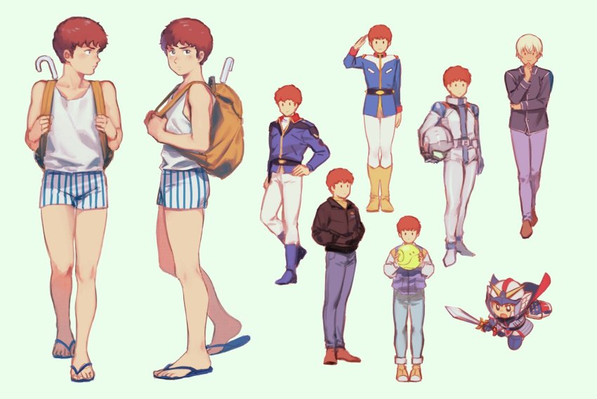 amuro_ray, boots, carrying, carrying_under_arm, char's_counterattack, dark-skinned_male, dark_skin, frown, gundam, gundam_evolve, hand_on_own_chin, hand_on_own_hip, haro, helmet, holding, holding_sword, holding_weapon, male_focus, mobile_suit_gundam, multiple_views, simple_background, standing, standing_on_one_leg, stroking_own_chin, sword, tagme, unworn_headwear, unworn_helmet, voice_actor_connection, weapon, yellow_boots, yone_f15, zeta_gundam