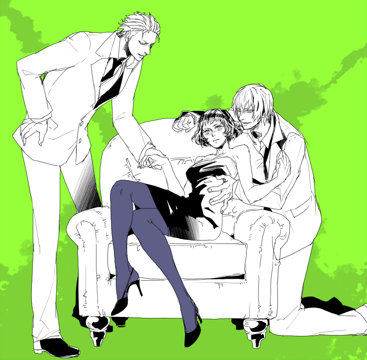 1girl, bad_id, bad_pixiv_id, black_dress, breasts, chair, cleavage, commentary_request, dante_(devil_may_cry), devil_may_cry, devil_may_cry_(series), devil_may_cry_3, dress, formal_clothes, high_heels, lady_(devil_may_cry), medium_hair, multiple_boys, nanigashi_(xla009), pantyhose, scar, suit, vergil_(devil_may_cry)