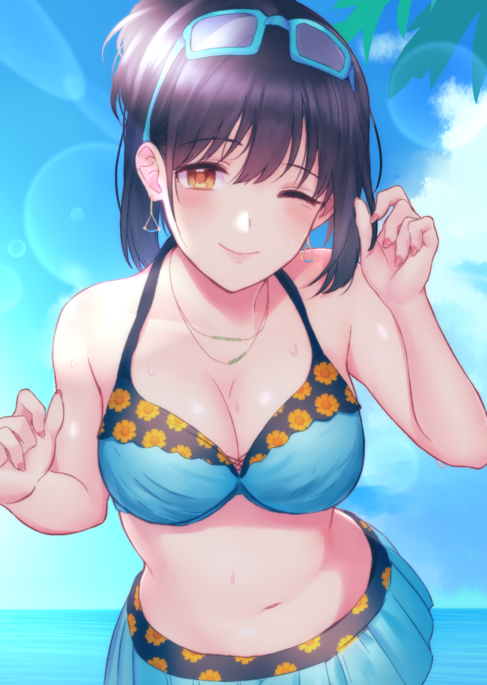 1girl, bikini, bikini_skirt, black_hair, blue-framed_eyewear, blue_bikini, blush, breasts