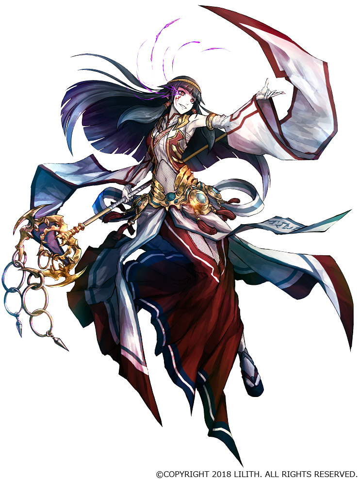 1girl, black_hair, blunt_bangs, circlet, commentary_request, covered_navel, detached_sleeves, female_focus, floating_hair, full_body, hair_tubes, holding, holding_staff, k-suwabe, long_hair, long_skirt, long_sleeves, navel, official_art, onmyoji, red_eyes, red_skirt, sandals, simple_background, skirt, smile, solo, staff, tabi, tassel, watermark, white_background, white_legwear, yaobikuni_(onmyoji)