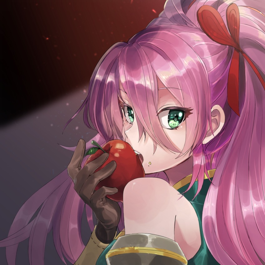 1girl, apple, bare_shoulders, brown_gloves, eating, female_focus, food, food_on_face