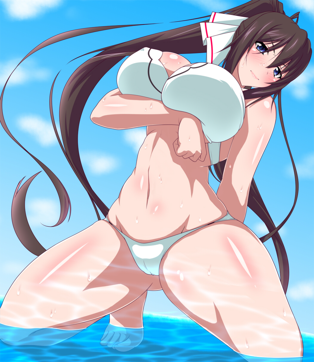 1girl, akino_masoho, bikini, black_hair, blue_eyes, blush, breasts, cleavage, cloud, cloudy_sky, day, female_focus, hair_ribbon, high_ponytail, highres, huge_breasts, infinite_stratos, kneeling, long_hair, looking_at_viewer, ponytail, ribbon, shinonono_houki, shiny_skin, sky, solo, swimsuit, very_long_hair, water, white_bikini, white_ribbon