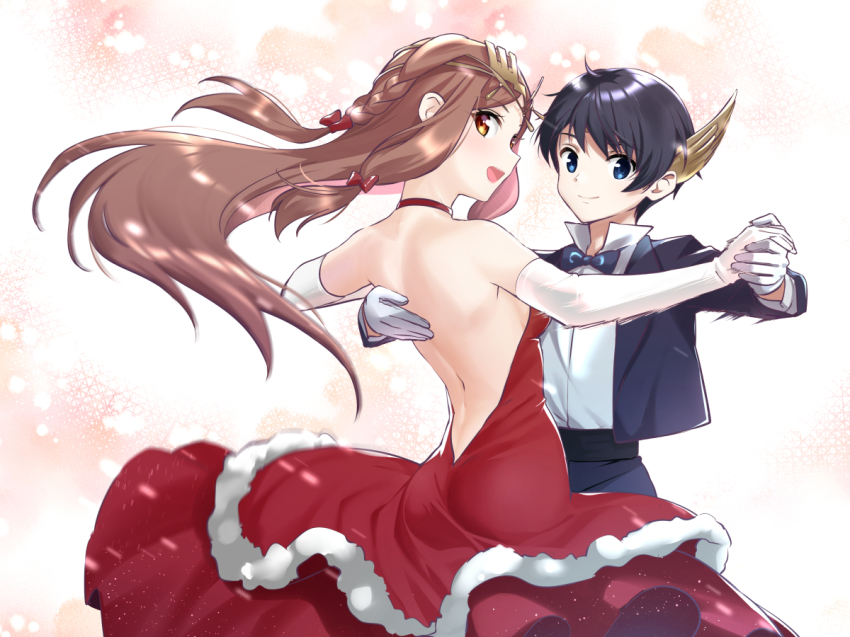 1boy, 1girl, :d, ahoge, alternate_costume, ass, back, backless_dress