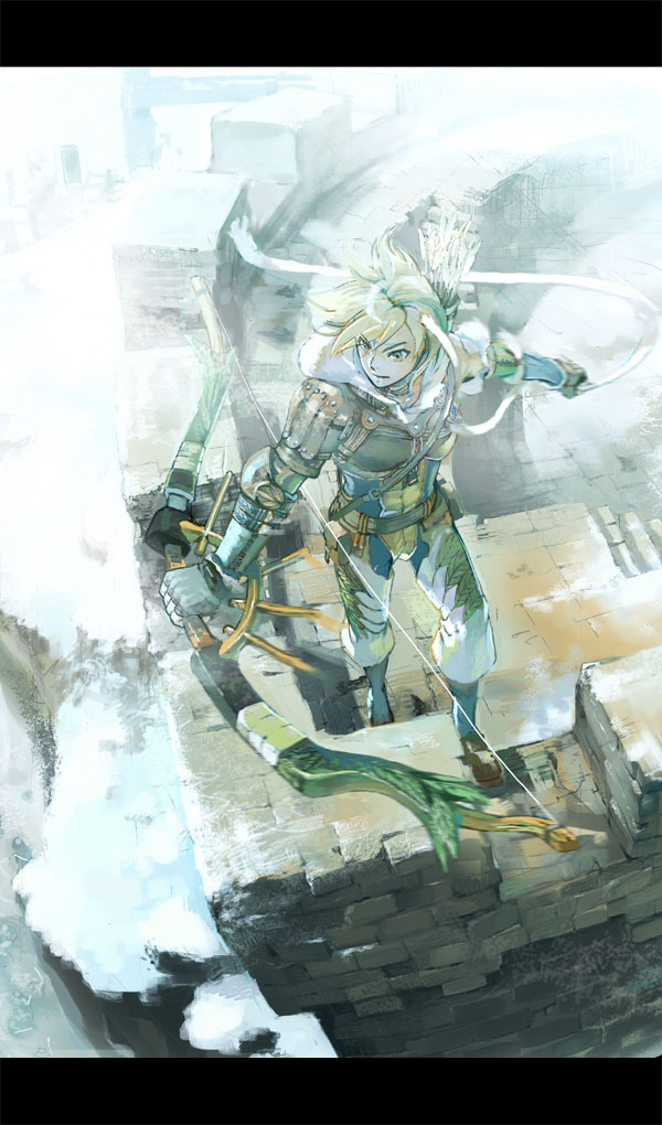 1boy, armor, bad_id, bad_pixiv_id, bow, bow_(weapon), castle, day