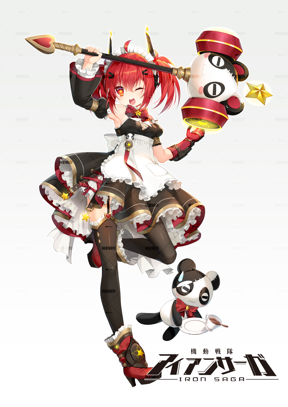 1girl, ;d, ahoge, ankle_boots, apron, arm_up, bad_id, bad_pixiv_id