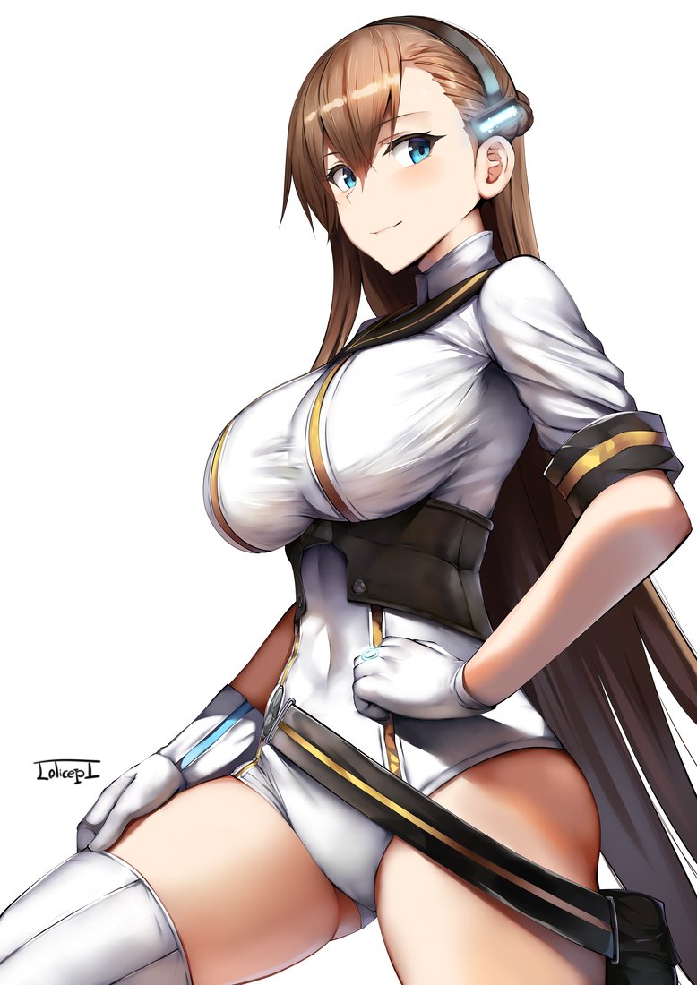 1girl, bad_id, bad_twitter_id, belko, blue_eyes, blush, braid, breasts, brown_hair, cleavage, covered_navel, gloves, hair_between_eyes, hair_ornament, hairband, hand_on_own_hip, large_breasts, leotard, long_hair, phantom_of_the_kill, pouch, signature, simple_background, skindentation, smile, solomon_(phantom_of_the_kill), strap, taut_clothes, taut_leotard, thighhighs, underbust, very_long_hair, white_background, white_leotard, white_thighhighs
