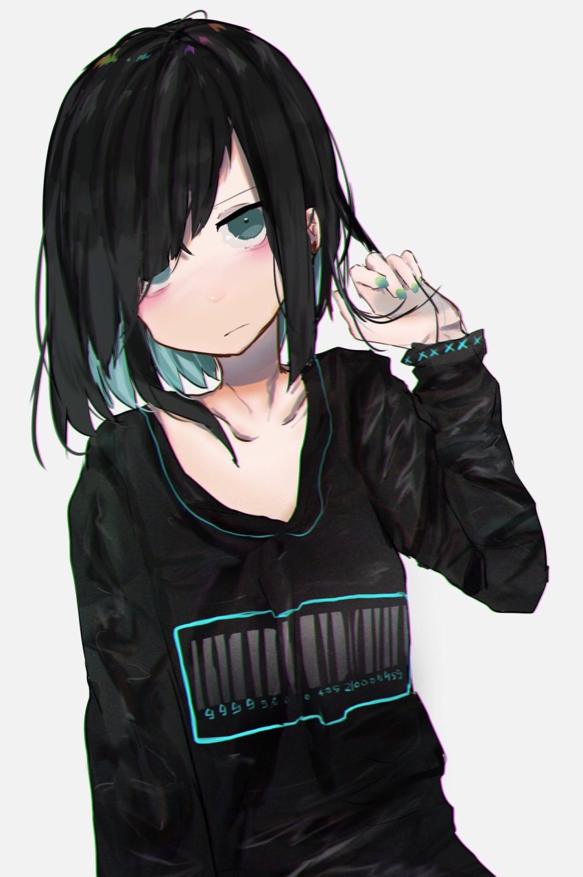 1girl, bags_under_eyes, black_hair, blue_hair, expressionless, female_focus, hair_over_one_eye, highres