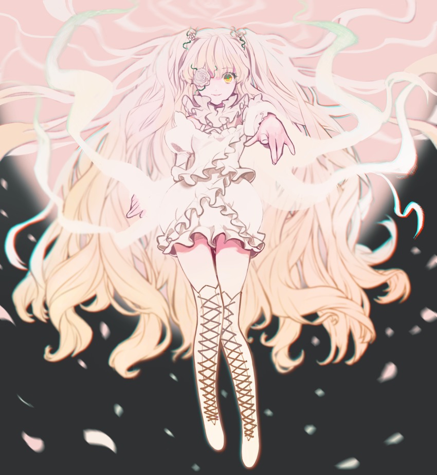 176feet, 1girl, boots, chromatic_aberration, female_focus, flower, flower_over_eye, full_body, hair_spread_out, highres, kirakishou, lace-up_boots, rozen_maiden, solo, thigh_boots, thighhighs