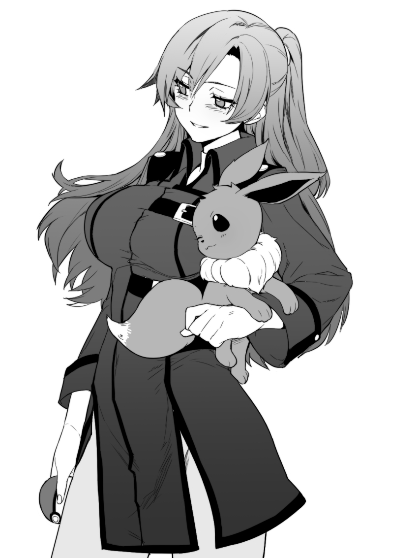 1girl, blush, breasts, coach_trainer_(pokemon), collared_dress, commentary_request, dress, eevee, gen_1_pokemon, greyscale, grin, hair_between_eyes, half_updo, highres, holding, holding_poke_ball, large_breasts, long_hair, monochrome, nintendo, poke_ball, poke_ball_(basic), pokemon, pokemon_(creature), pokemon:_let's_go_pikachu!_and_let's_go_eevee!, ponytail, side_slit, smile, standing, strap, thighs, whoosaku