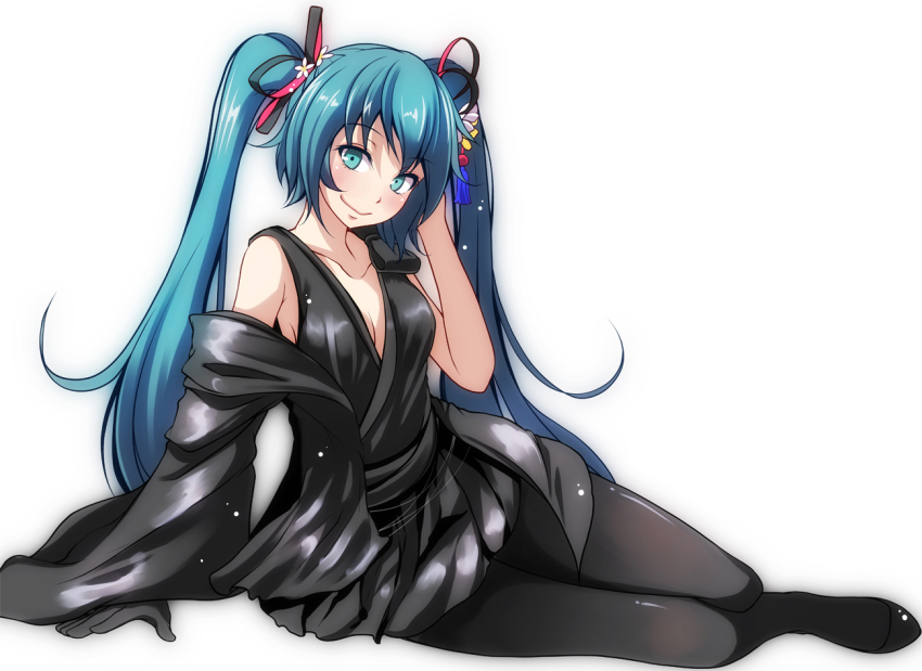1girl, aqua_eyes, aqua_hair, arm_support, bare_shoulders, black_gloves, black_jacket, black_pantyhose