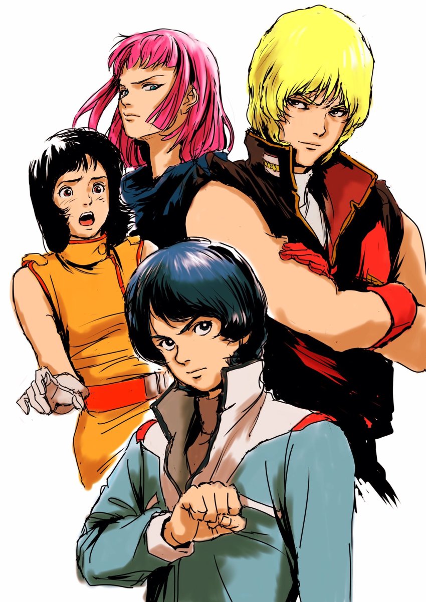 2boys, 2girls, black_hair, blonde_hair, char_aznable, fa_yuiry, gundam, haman_karn