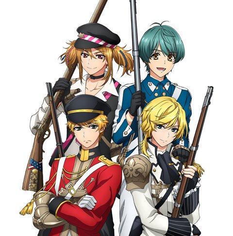 4boys, aiguillette, antenna_hair, antique_firearm, aqua_eyes, aqua_hair, armor, black_gloves