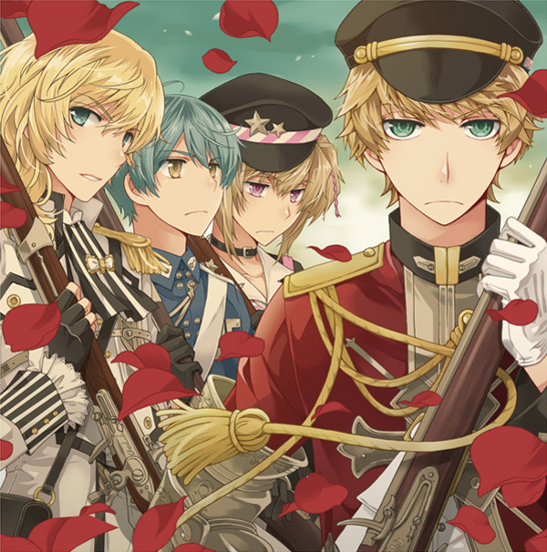 4boys, antique_firearm, aqua_eyes, aqua_hair, armor, ascot, black_gloves, blonde_hair
