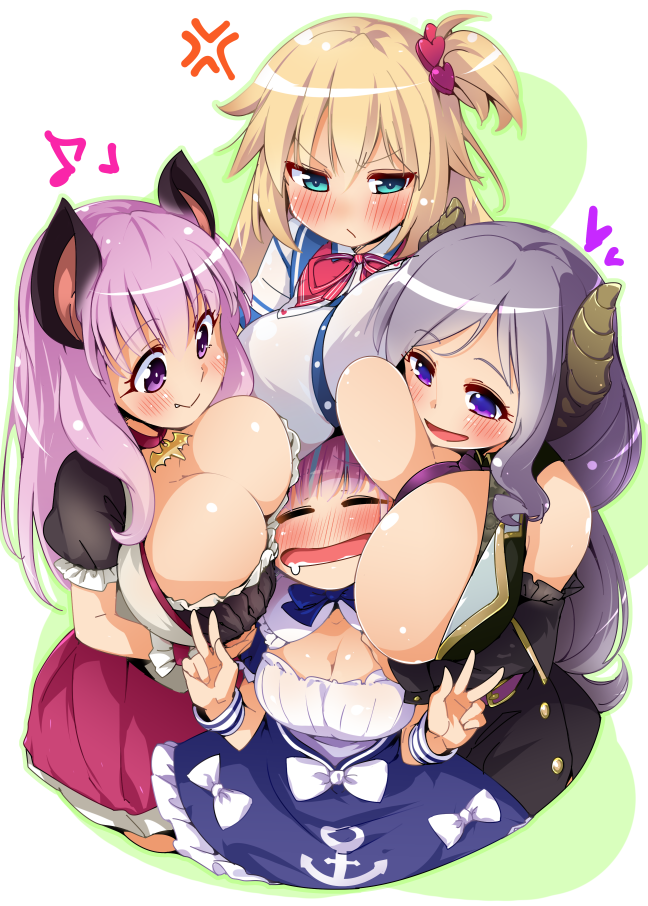 4girls, :d, akai_haato, akai_haato_(1st_costume), anchor_symbol, anger_vein, animal_ears, bat_ears, between_breasts, blonde_hair, blue_eyes, blush, bow, breast_press, breast_smother, breasts, cleavage, closed_eyes, closed_mouth, cooperative_breast_smother, demon_girl, demon_horns, detached_sleeves, double_v, dress, drooling, face_to_breasts, fang, fang_out, frown, girl_sandwich, grey_hair, hair_between_eyes, hair_ornament, heart, heart_hair_ornament, hololive, horns, large_breasts, light_purple_hair, long_hair, long_sleeves, looking_at_another, minato_aqua, minato_aqua_(1st_costume), multiple_girls, nanashi_inc., nose_blush, one_side_up, open_mouth, puffy_short_sleeves, puffy_sleeves, purple_eyes, purple_hair, red_bow, saionji_mary, saionji_mary_(1st_costume), sandwiched, semahiro, shirt, short_sleeves, smile, swept_bangs, teamwork_(sexual), tsundere, umori_hinako, v, very_long_hair, virtual_youtuber, white_bow, white_shirt, wristband, yuri
