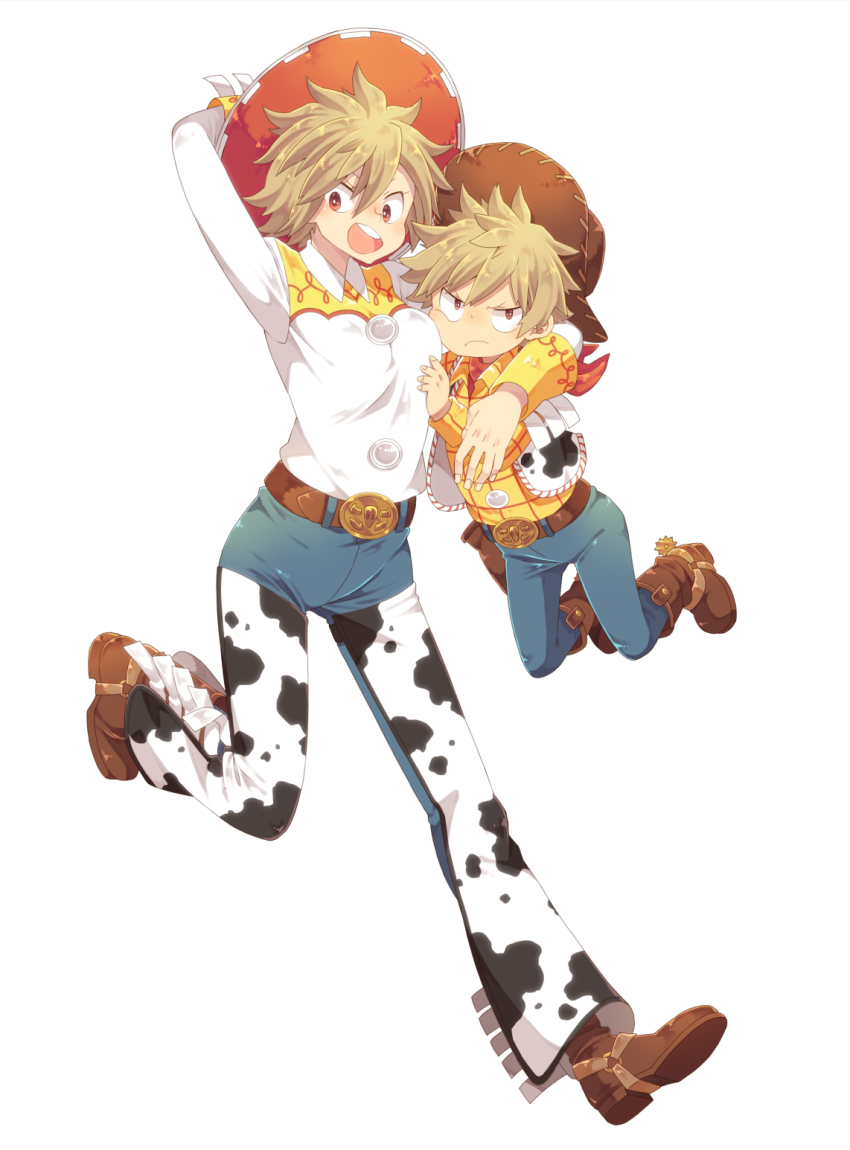 1boy, 1girl, :o, aged_down, animal_print, arm_up, bakugou_katsuki, bakugou_mitsuki, belt, belt_buckle, blonde_hair, boku_no_hero_academia, brown_eyes, brown_footwear, brown_hat, buckle, cosplay, cow_print, cowboy_hat, cowgirl_(western), denim, frown, hat, highres, holding, jeans, jessie_the_yodeling_cowgirl, jessie_the_yodeling_cowgirl_(cosplay), looking_at_viewer, mother_and_child, mother_and_son, pants, parent_and_child, sheriff_woody, sheriff_woody_(cosplay), simple_background, spiked_hair, spurs, toy_story, toy_story_2, uppi, vest, white_background
