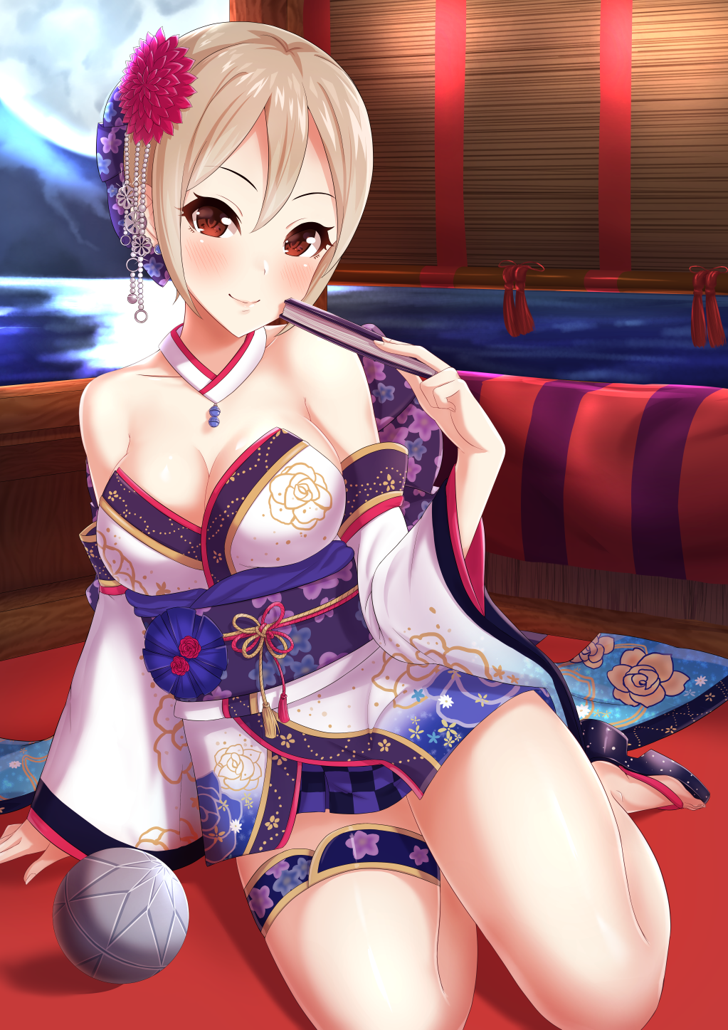 1girl, arm_support, asymmetrical_legwear, blush, breasts, brown_eyes, cleavage, detached_sleeves